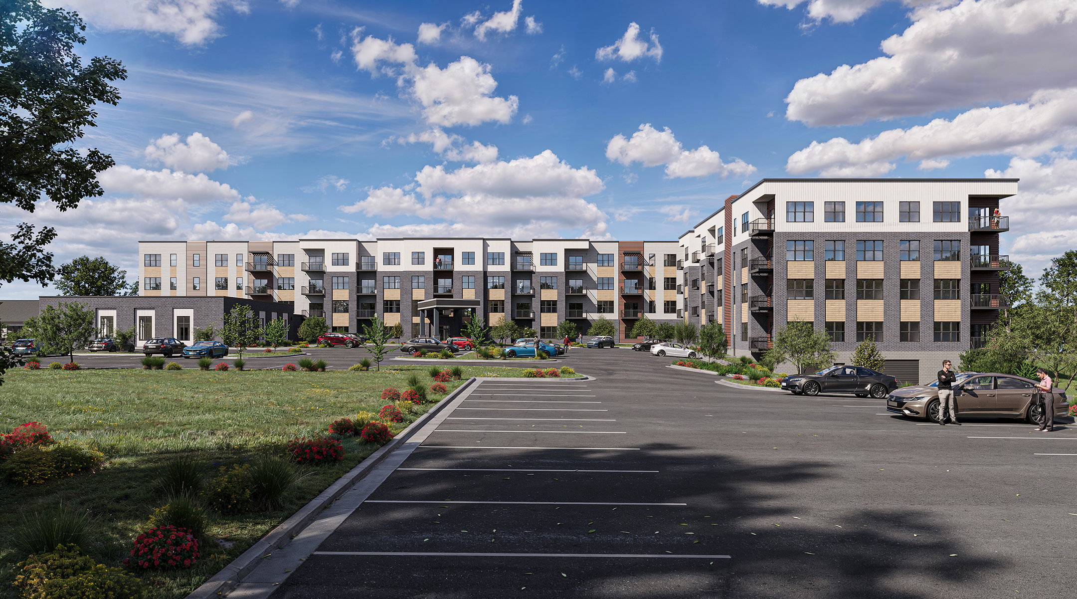 Modern assisted living apartment complex exterior with landscaped entrance - nursing homes near me