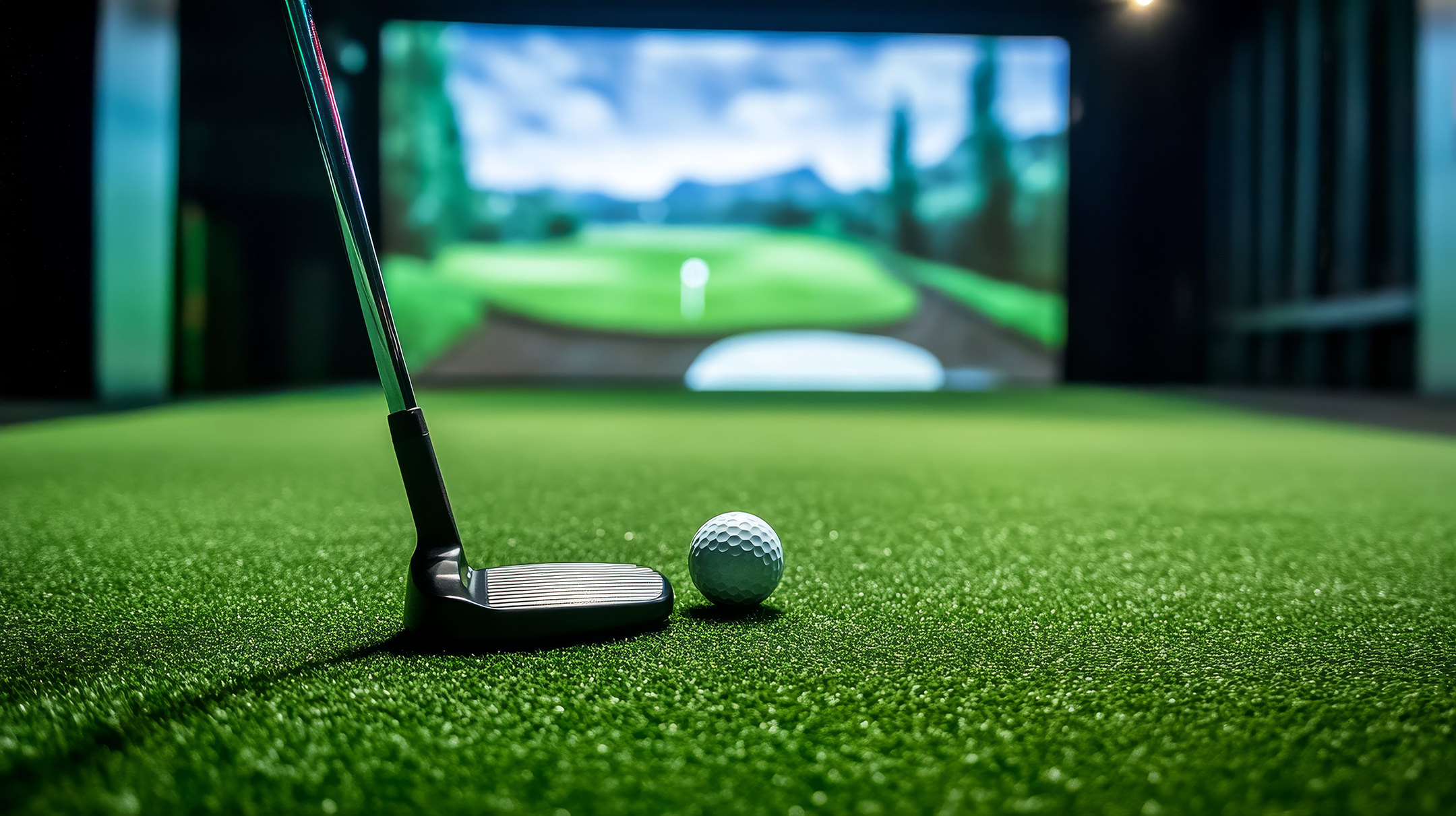 golf putter and ball sitting on green turf in a golf simulator - independent living