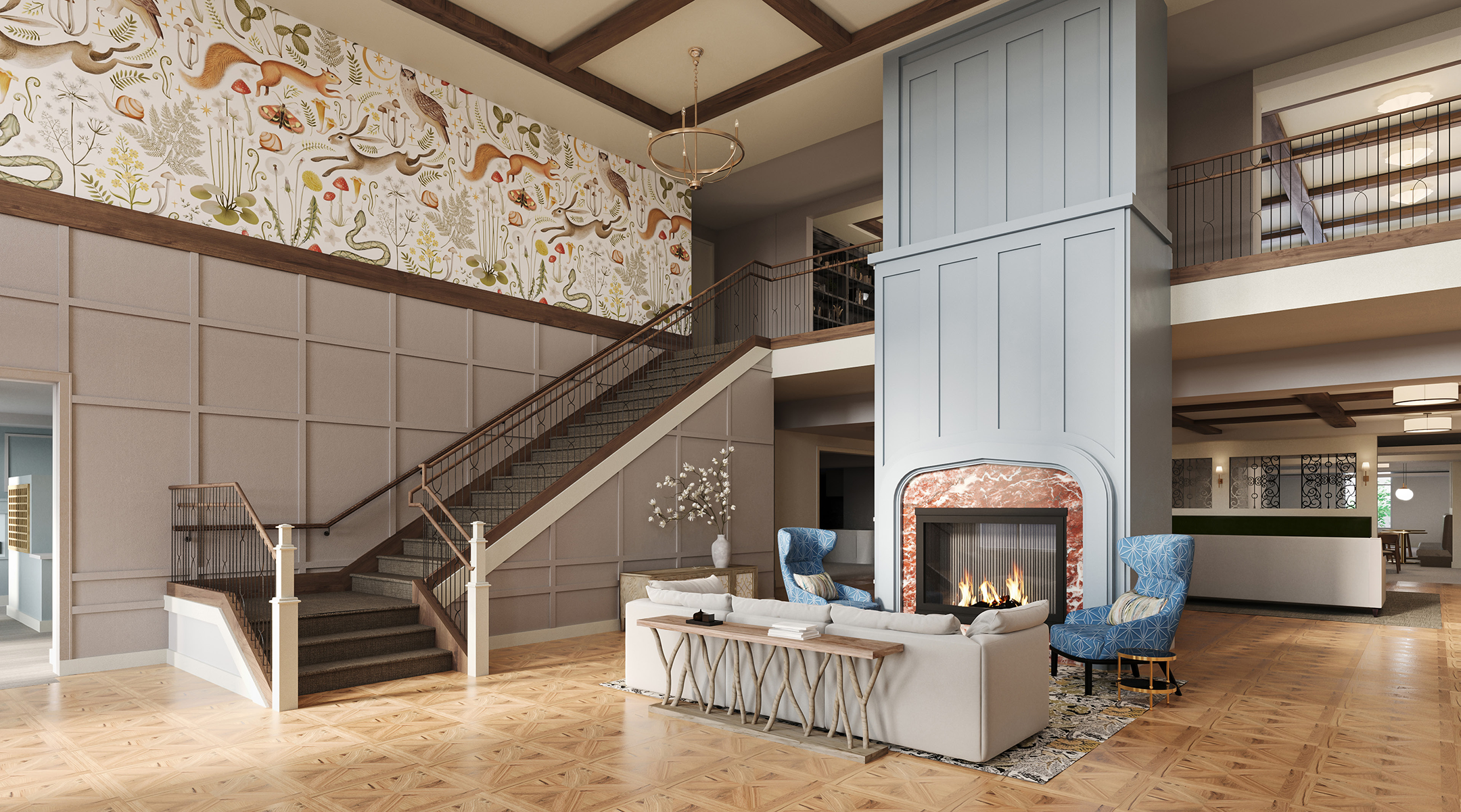 Welcoming senior living lobby with fireplace and seating area - nursing homes near me