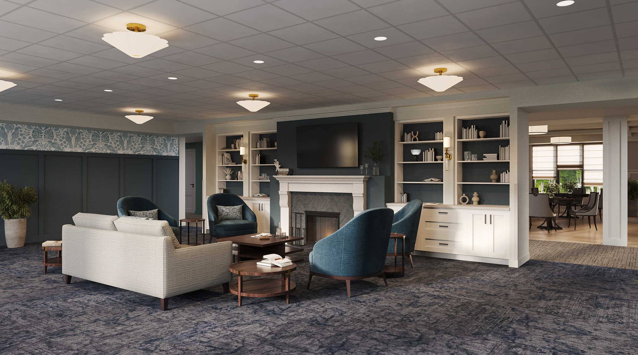 Cozy lounge in senior residence with comfortable chairs and natural light - assisted living