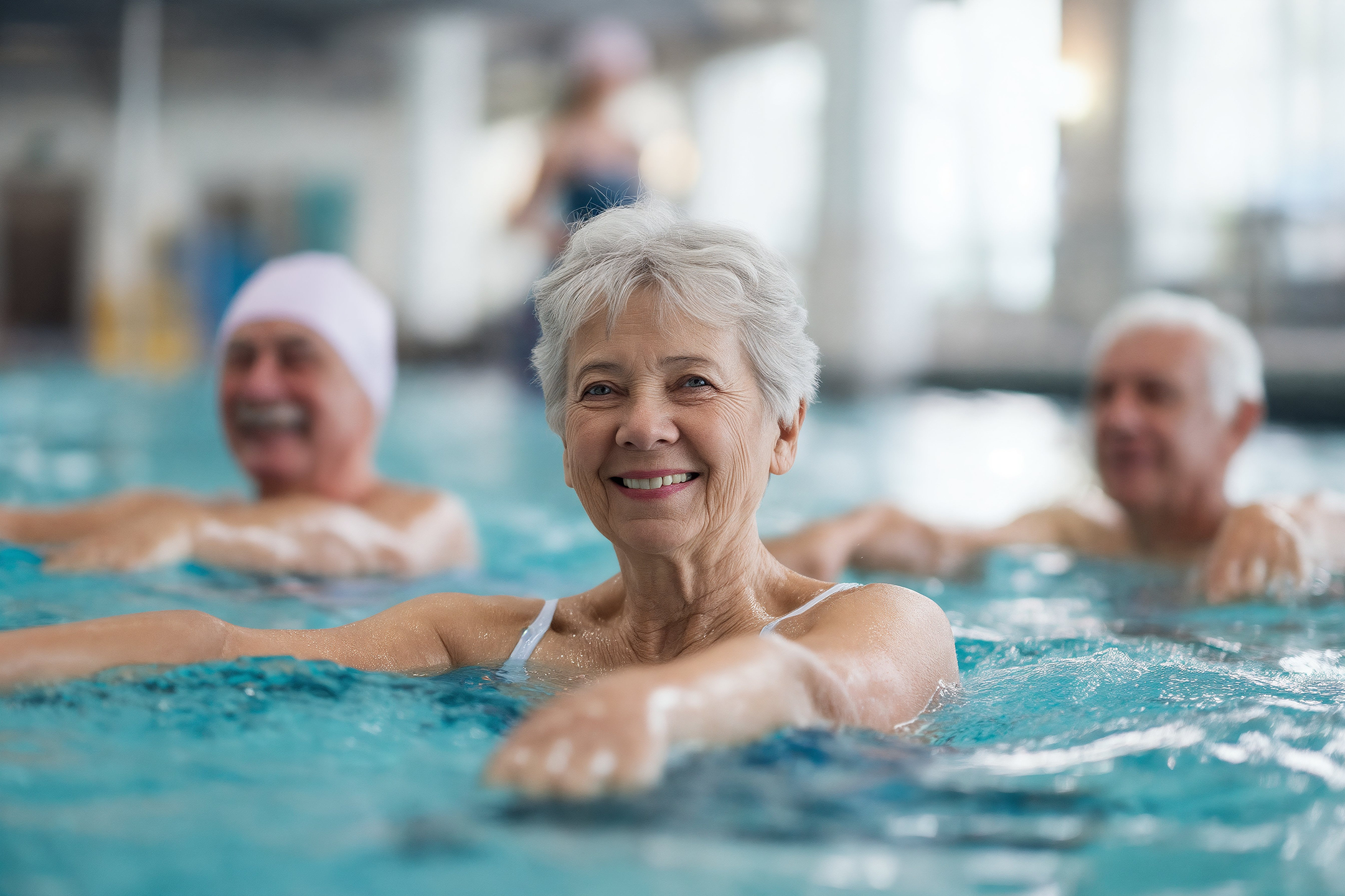 Senior woman enjoying aquatic fitness class in a pool - senior living near me